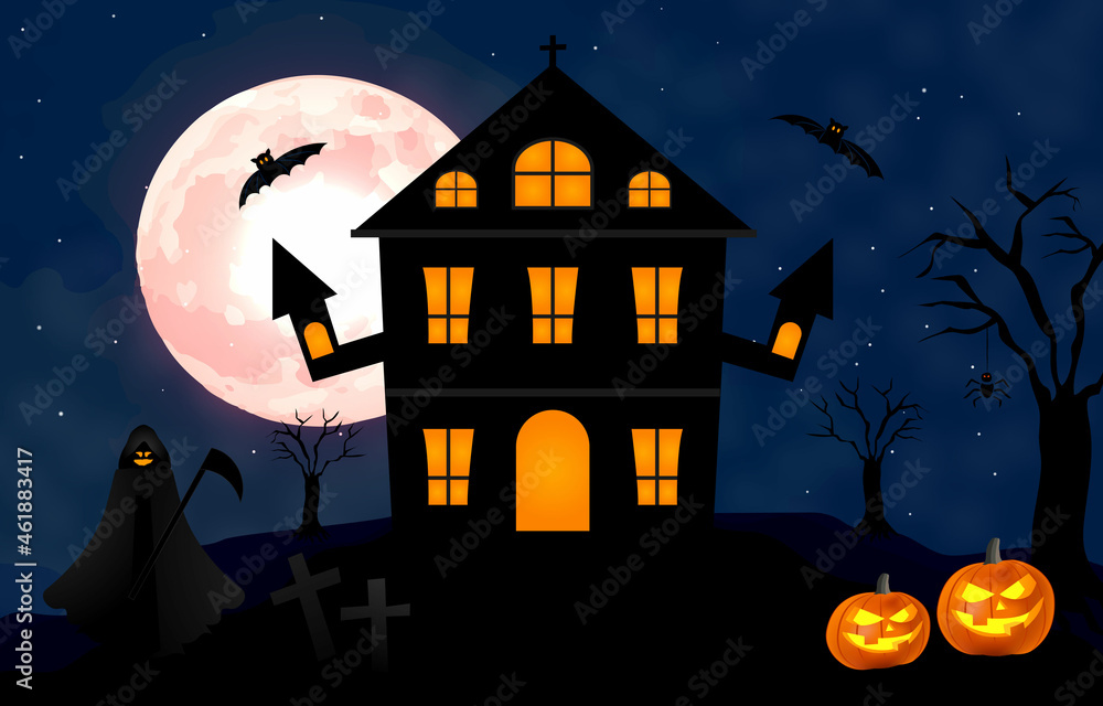 Halloween Full moon, Banner, Spiders, Haunted House, Pumpkins, Death, dead tree, and Bats landscape poster