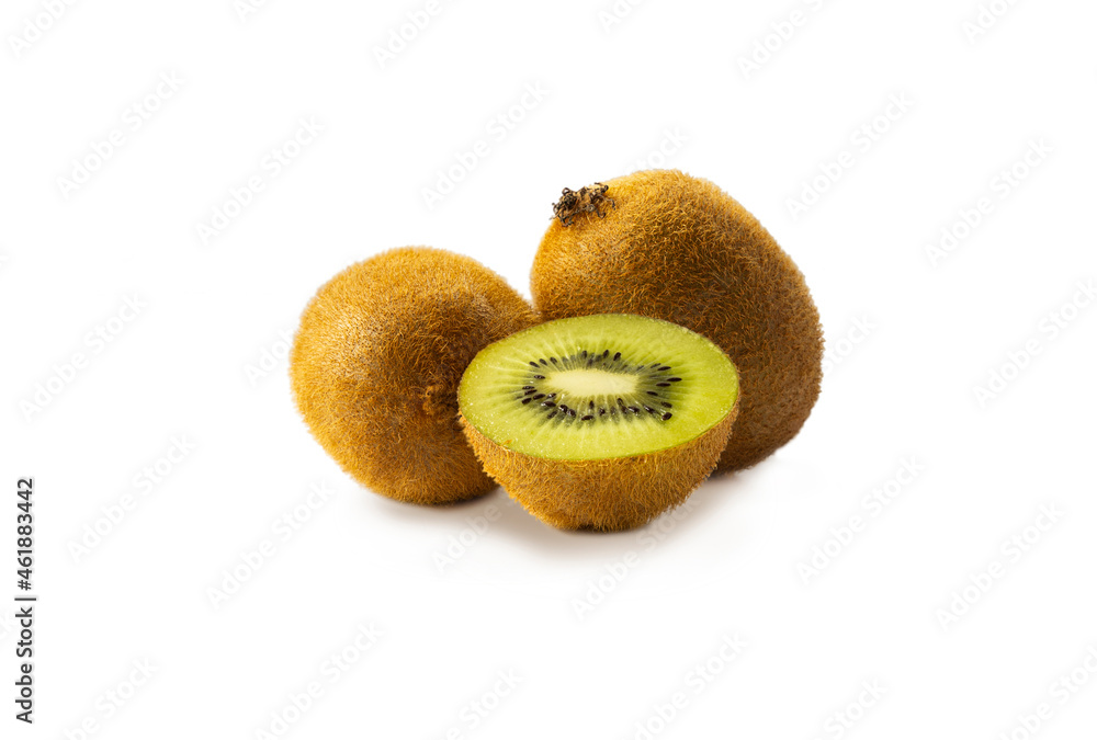 Kiwi fruit and slice isolated on white background. Tropical fruits on white. Kiwi with copy space for text. Kiwi fruit and slice isolated on white background. Tropical fruits on white. Kiwi with copy space for text.