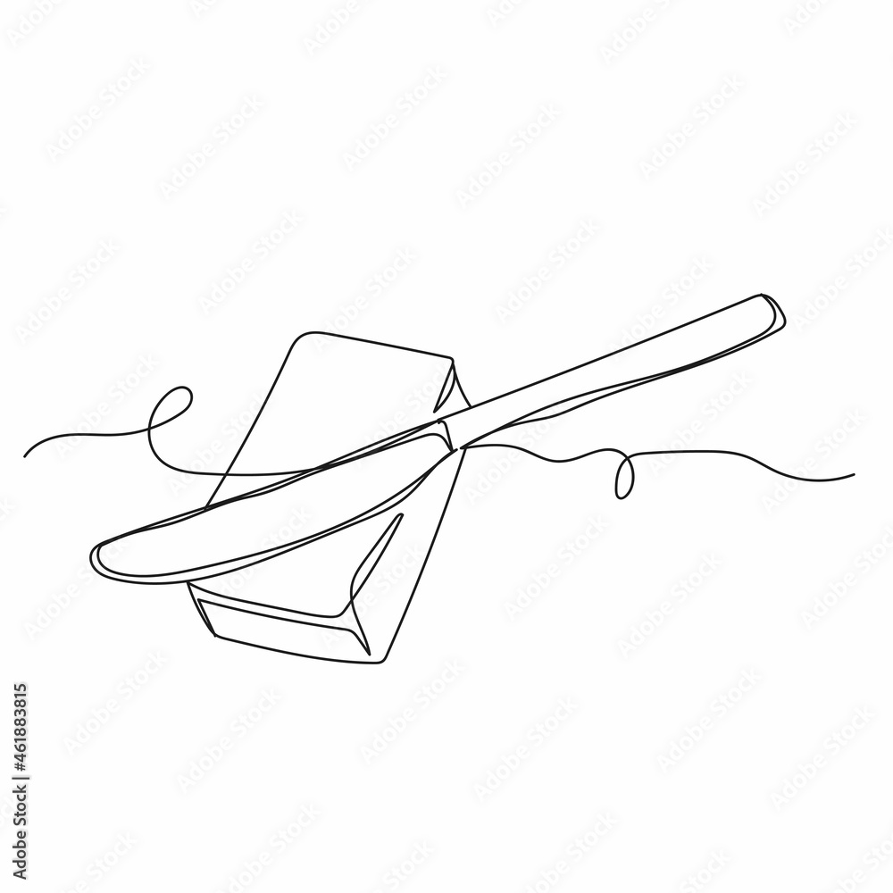 Continuous one line drawing of knife over a briquette piece of a butter composition in silhouette on a white background. Linear stylized. Continuous one line drawing of knife over a briquette piece of a butter composition in silhouette on a white background. Linear stylized.