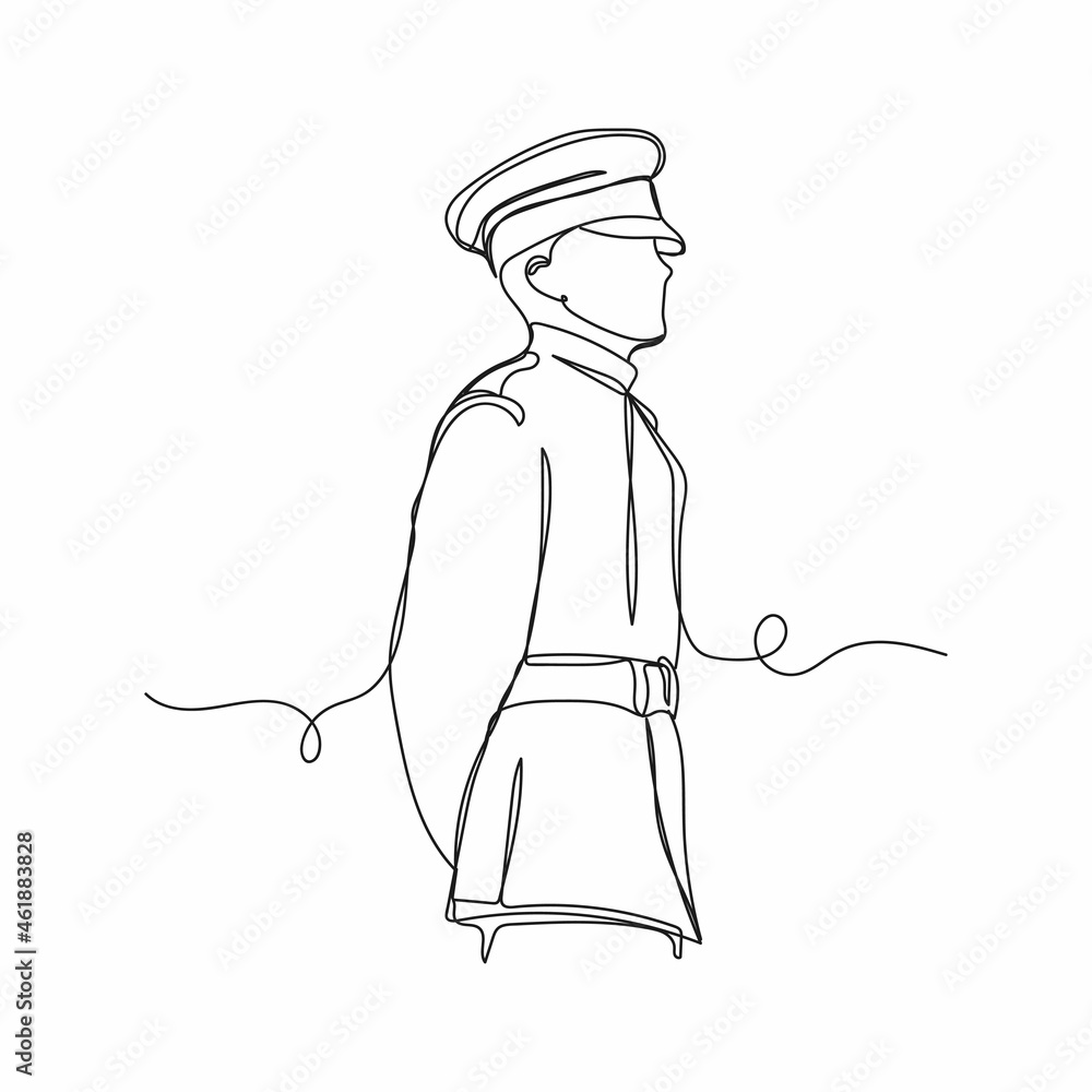 Continuous one line drawing of soldier, veteran in silhouette on a