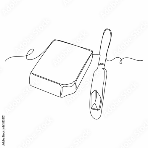 Continuous one line drawing of knife over a briquette piece of a butter composition in silhouette on a white background. Linear stylized.