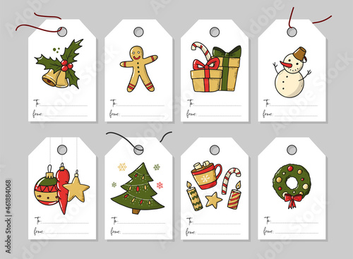 set of 8 christmas tags decorated with hand drawn doodles and copy space for signature. Good for labels, stickers, prints, cards, etc. EPS 10