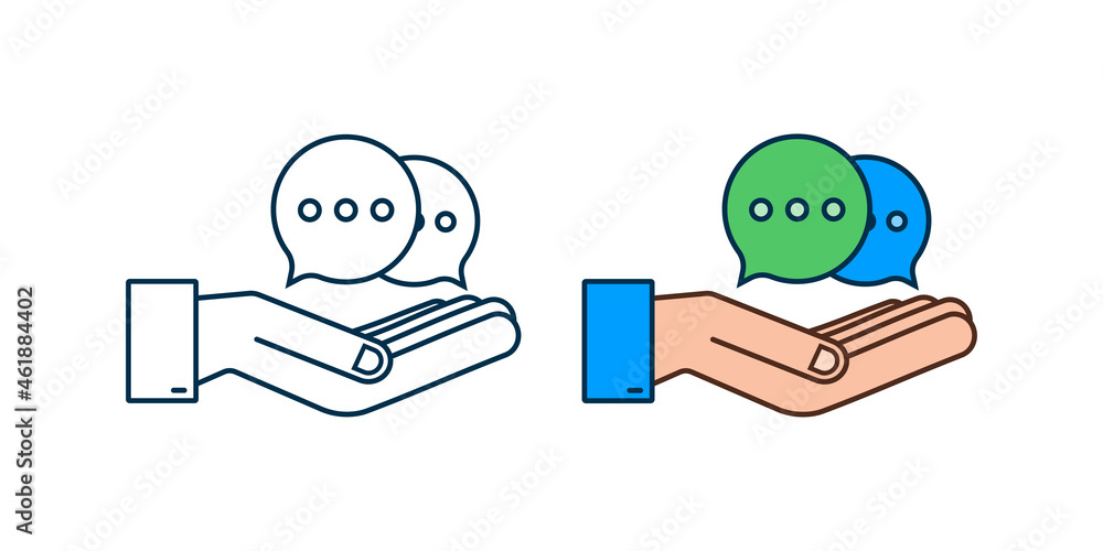 Chat Message Bubbles icon hanging over hands on white background. Vector stock illustration. Chat Message Bubbles icon hanging over hands on white background. Vector stock illustration.