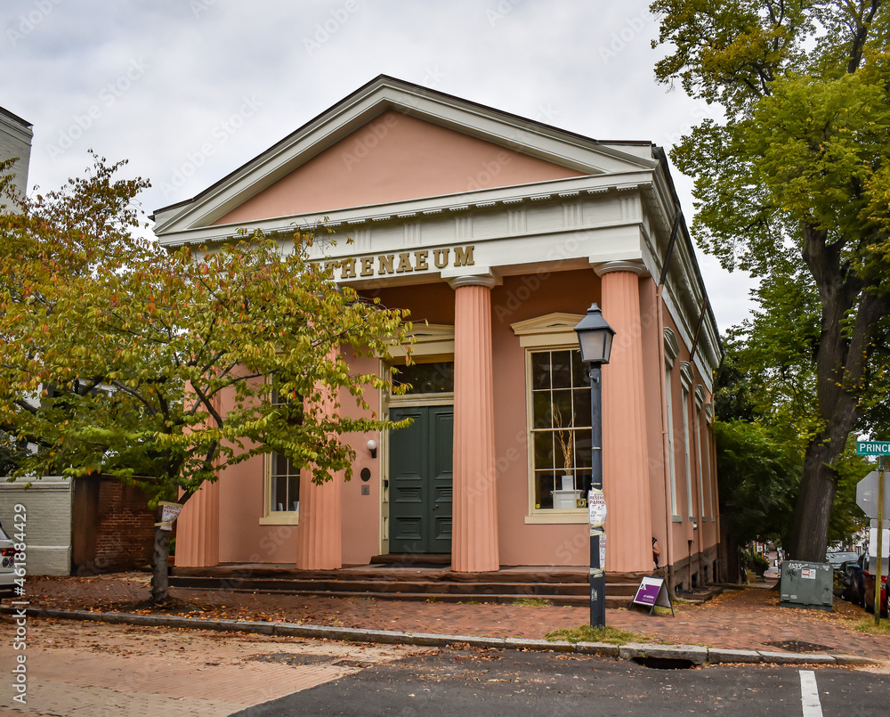 Alexandria, Virginia, USA - October 8, 2021: Exterior of the Athenaeum Gallery in Old Town Alexandria, Home of the Northern Virginia Fine Arts Association (Old Dominion Bank Building) Alexandria, Virginia, USA - October 8, 2021: Exterior of the Athenaeum Gallery in Old Town Alexandria, Home of the Northern Virginia Fine Arts Association (Old Dominion Bank Building)