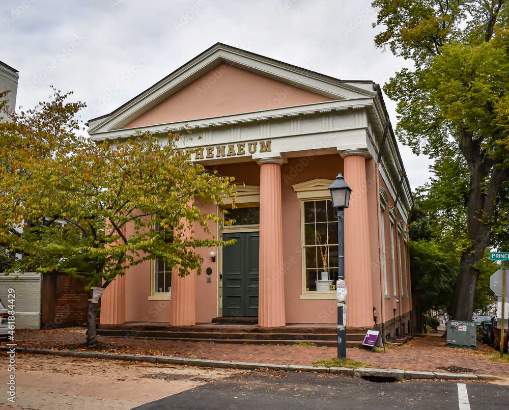 Alexandria, Virginia, USA - October 8, 2021: Exterior of the Athenaeum Gallery in Old Town Alexandria, Home of the Northern Virginia Fine Arts Association (Old Dominion Bank Building)