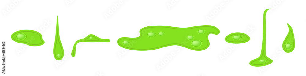 Set of bright lime green slime drips and blots of Halloween design in comic style. Glow silicon drops as a fidget toys popit. Monster style with green splashes. Isolated cartoon vector illustration. Set of bright lime green slime drips and blots of Halloween design in comic style. Glow silicon drops as a fidget toys popit. Monster style with green splashes. Isolated cartoon vector illustration.