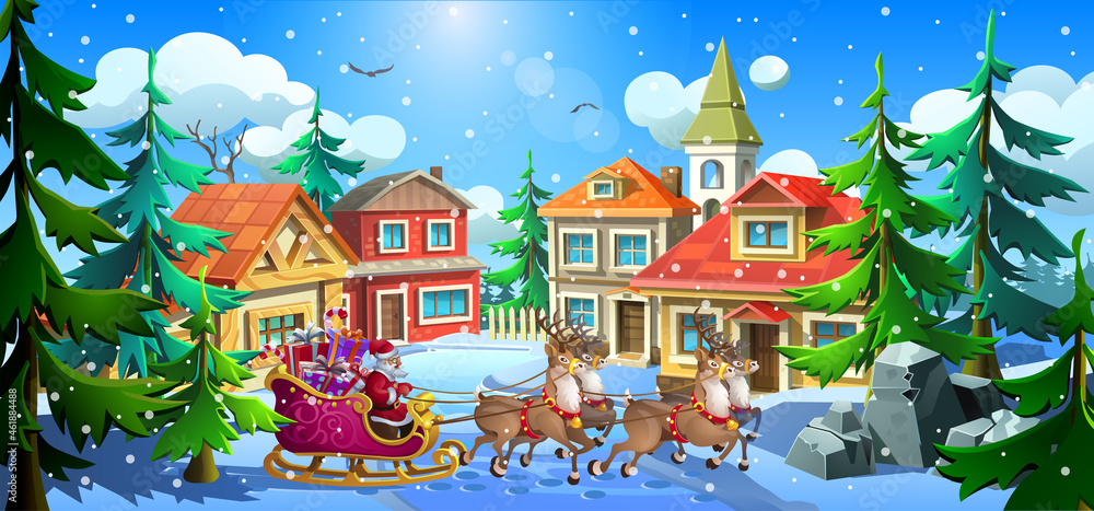 Christmas village with colorful houses. Santa Claus rides with gifts in a sleigh pulled by reindeer.