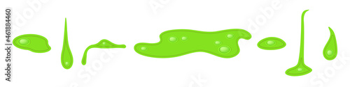 Set of bright lime green slime drips and blots of Halloween design in comic style. Glow silicon drops as a fidget toys popit. Monster style with green splashes. Isolated cartoon vector illustration.