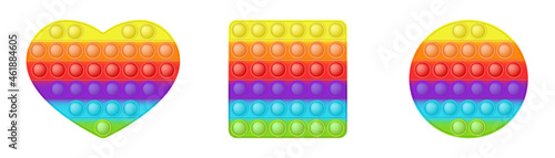 Set of forms pop it a fashionable silicon rainbow toys for fidgets. Addictive anti-stress toy in bright colors. Bubble sensory developing popit for kids. Vector illustration isolated on a white