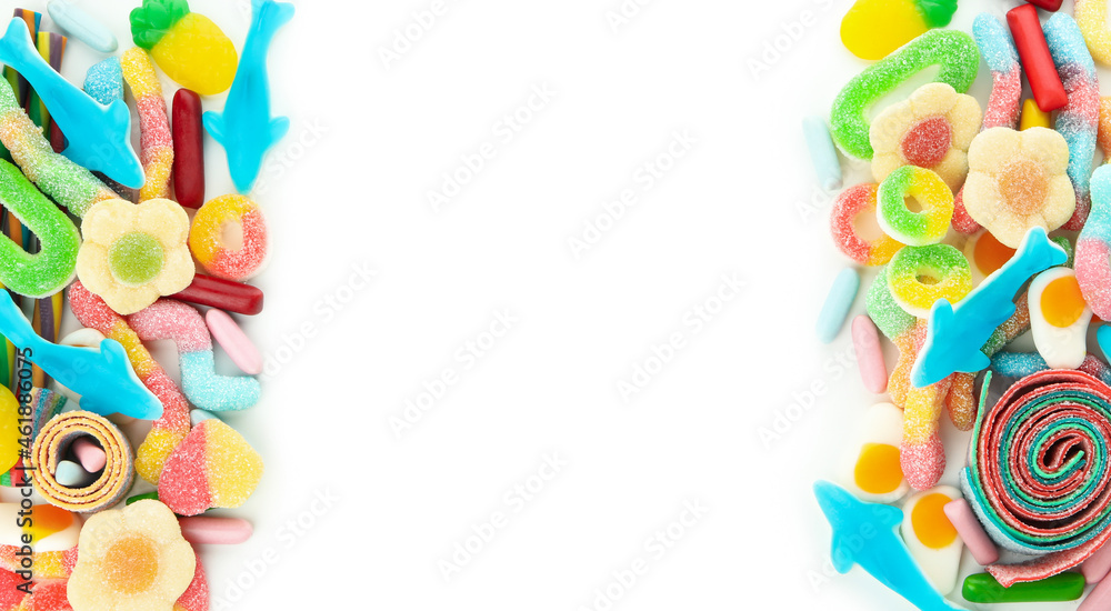 Gummy candies isolated on white background, space for text Gummy candies isolated on white background, space for text
