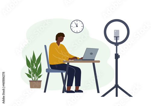 Illustration of a male blogger at the table with a laptop. Online filming of a training course or blog
