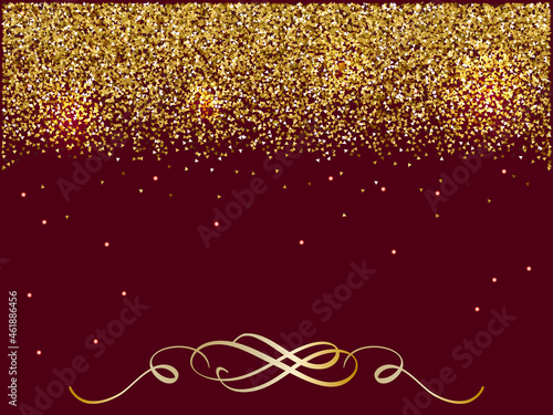 Greeting card red with Gold glitter Background with place for your text copy space and golden flourish