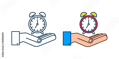 Alarm clock, wake-up time in hands on white background. Vector stock illustration.