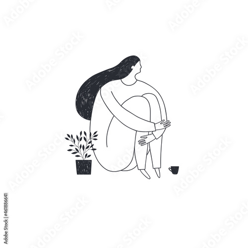 Illustration of a pensive girl sitting and hugging her knees with cup of tea. Vector.