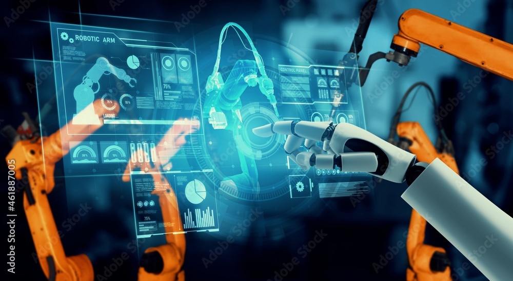 Mechanized industry robot and robotic arms for assembly in factory production . Concept of artificial intelligence for industrial revolution and automation manufacturing process . - obrazy, fototapety, plakaty 