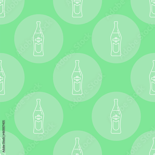 Seamless pattern of bottles of vermouth in flat style in form of thin lines. In the form of background is circle of color drinks. Isolated object design beverage. Simple icon for restaurant, party.