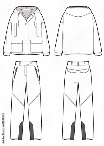 Set of skiing pants and jacket flat sketch.