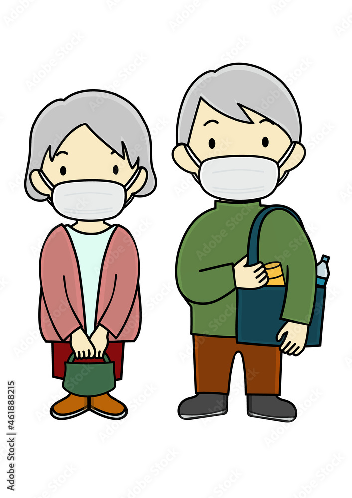 Fototapeta premium マスクをつけて外出するシニア夫婦のイラストセット（アフターコロナのイメージ等に）