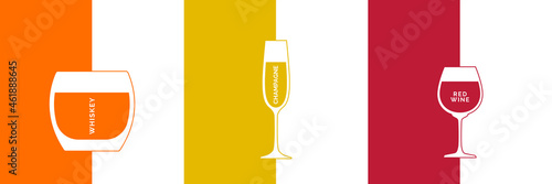 Whiskey, champagne and red wine glass in minimalist linear style with text. Contour of glassware on right side in form of fine line. Two types of multi-colored drink. Isolated image on white backdrop