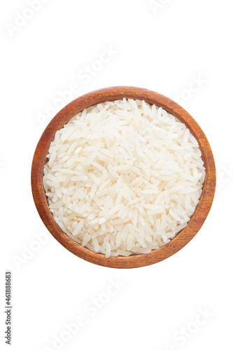 Top view of uncooked dry rice in wooden bowl isolated on white with clipping path.