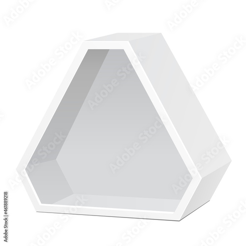 Mockup White Cardboard Hexagon Triangle Carry Box Bag Packaging For Food, Gift Or Other Products. On White Background Isolated. Ready For Your Design. Product Packing Vector EPS10