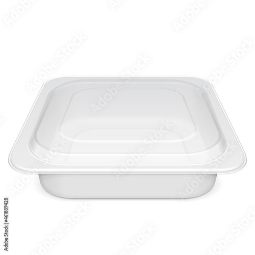 Mockup Empty Closed Blank Styrofoam Plastic Food Tray Container Box With Lid. Illustration Isolated On White Background. Mock Up Template Ready For Your Design. Vector EPS10