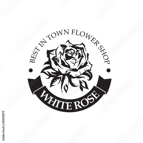 emblem of white rose bud for flower shop isolated on white background