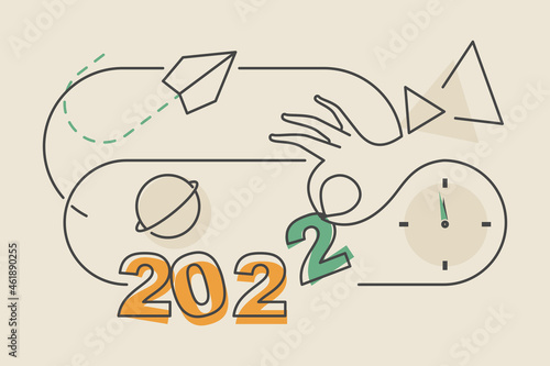 New Year 2022. Hand places the last number of the year 2022. Flat style illustration. 