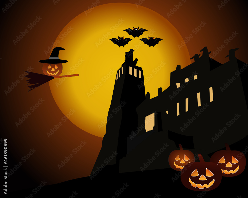 Halloween pumpkins and wolf on full Moon background, vector and illustration.
