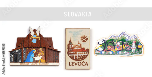 Magnetic souvenirs from Slovakia. Translation of the inscription: Bethlehem in Rajecka Lesna; name of a city Levoca; Slovakia photo