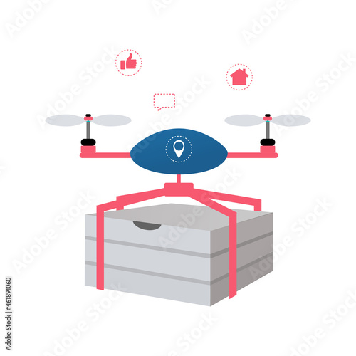 The drone is carrying the package. Mobile application for contactless delivery. Stay at home, simplify your booking.