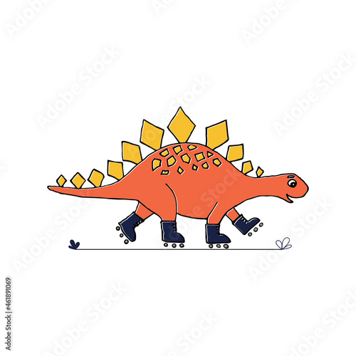Dinosaur young orange rides on rollers.  Illustration for t-shirt prints and children sport design