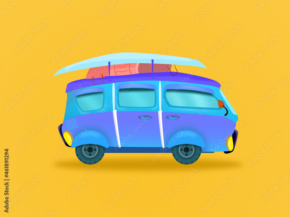 Concept objects travel. Van car on a blue background. Illustration 3D for content car for traveling, rest holiday