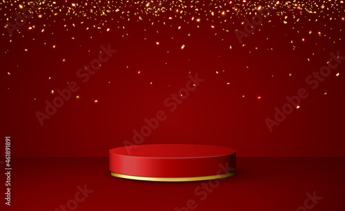 Christmas 3d scene with red podium platform and golden confetti on red background.