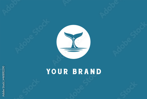 Simple Minimalist Sunset Beach with Whale or Dolphin Tail Logo Design Vector