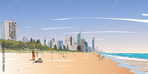 Beautiful picture beach view on the city Surfers Paradise. Queensland.  Australia. Hand drawn vector illustration. 