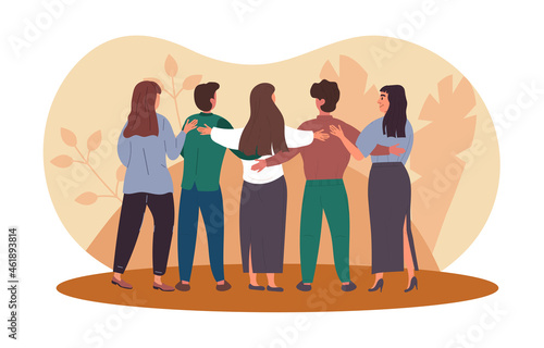 People hug each other concept. Friends look back and provide support. Group of men and women helping to cope with mental problems. Cartoon flat vector illustration isolated on white background