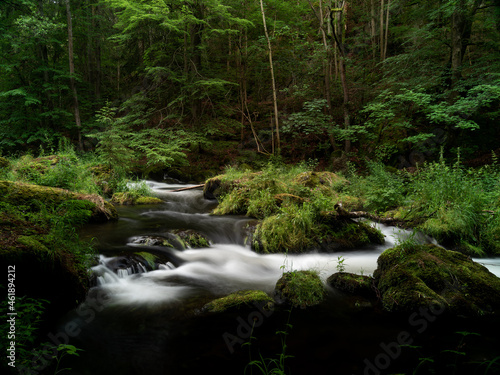 smooth motion of wild water in a river in summer with rocks and stones in the beautiful nature of a forest