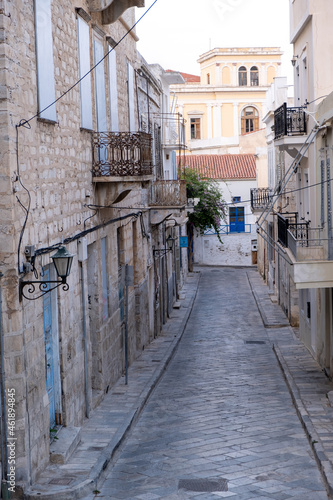 Syros island Cyclades Hermoupolis village building street at capital destination Greece. Vertical