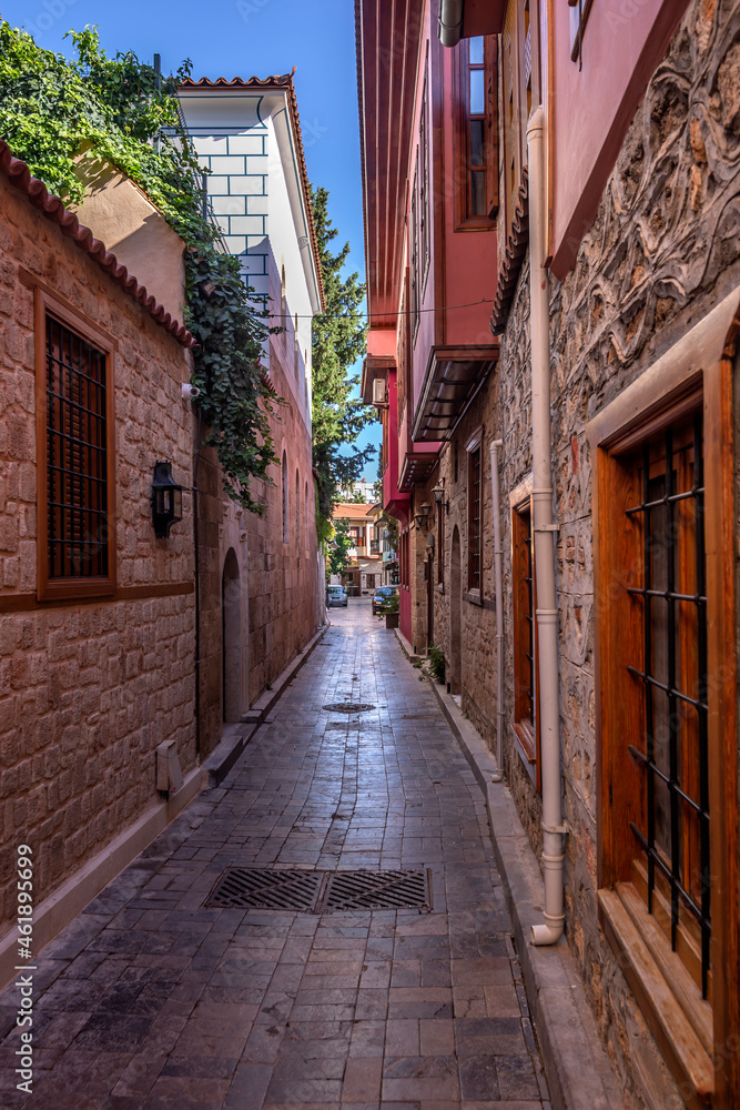 The restored historical houses and narrow streets of Antalya's historical Kaleiçi...
