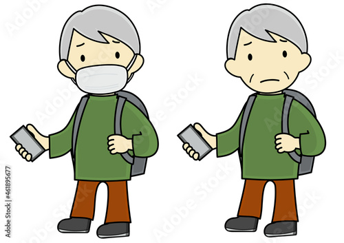 マスクを着けて（外して）スマートフォンを見ながら避難するシニア男性のイラストセット