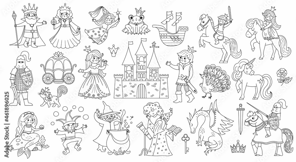 Fairy tale black and white characters and objects collection. Big vector set with line fantasy princess, king, queen, witch, knight, unicorn, dragon. Medieval fairytale castle pack or coloring page.