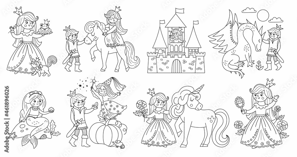 Fairy tale black and white vector princess set. Fantasy line girl collection. Medieval fairytale maid coloring page. Girlish cartoon magic icons pack with sleeping beauty, frog prince.. Fairy tale black and white vector princess set. Fantasy line girl collection. Medieval fairytale maid coloring page. Girlish cartoon magic icons pack with sleeping beauty, frog prince..