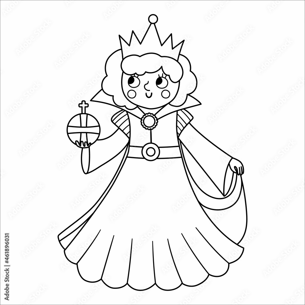Fairy tale black and white queen with orb. Vector line fantasy monarch in crown and mantle. Medieval fairytale prince character. Cartoon magic sovereign icon or coloring page. Fairy tale black and white queen with orb. Vector line fantasy monarch in crown and mantle. Medieval fairytale prince character. Cartoon magic sovereign icon or coloring page.