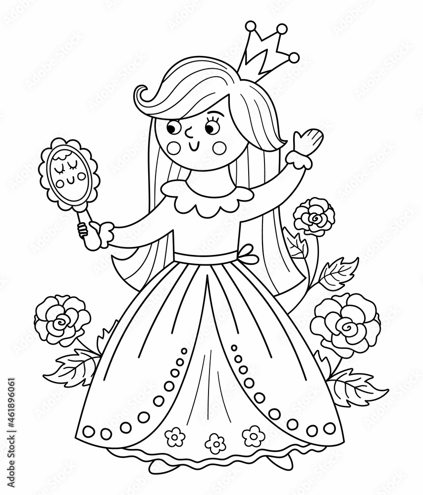 Fototapeta premium Fairy tale black and white vector princess with mirror and roses. Fantasy line girl in crown. Medieval fairytale maid coloring page. Girlish cartoon magic icon with cute character..