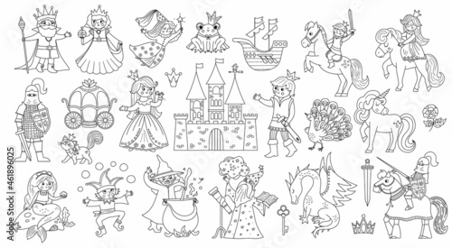 Fairy tale black and white characters and objects collection. Big vector set with line fantasy princess  king  queen  witch  knight  unicorn  dragon. Medieval fairytale castle pack or coloring page.