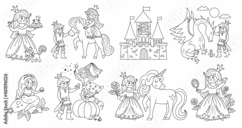 Fairy tale black and white vector princess set. Fantasy line girl collection. Medieval fairytale maid coloring page. Girlish cartoon magic icons pack with sleeping beauty, frog prince..