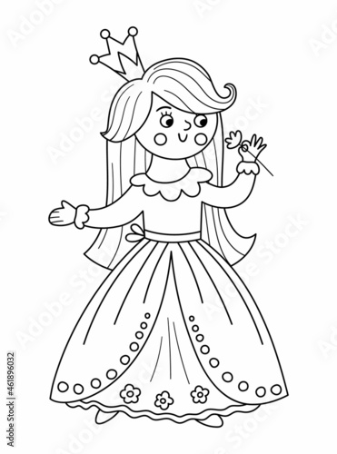 Fairy tale black and white vector princess smelling flower. Fantasy line girl in crown. Medieval fairytale maid coloring page. Girlish cartoon magic icon with cute character..