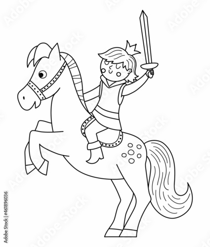 Fairy tale black and white prince with sward on a horse on the rack. Vector line fantasy young monarch in crown ready to fight. Medieval fairytale character icon or coloring page .