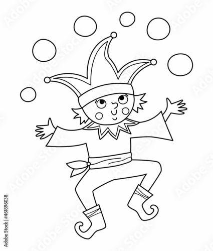 Fairy tale black and white vector buffoon. Fantasy line juggler in funny hat. Fairytale court yard character. Cartoon magic clown icon or coloring page.